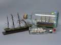 Two Ship Models in Bottles and a French Painted Wood Sailing Ship Model