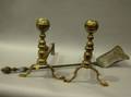 Pair of Brass Belted Balltop Andirons with a Shovel