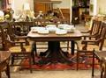Gothic Revival Walnut Dining Table and Set of Six Dining Armchairs with Caned Seats