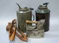 Two Tin and Glass Oil Cans an Iron and Two Wooden Shuttles