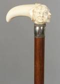 American Carved Whales Tooth Ivory and Silver Mounted Cane