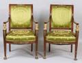 Pair French Second Empire Parcel Gilt and Gilt Bronze Mounted Mahogany Fauteuils