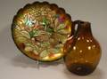Carnival Glass Peacock Center Bowl and an Amber Blown Glass Jug