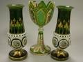 Threepiece Bohemian Enamel Decorated Cut Overlay Glass Garniture Set