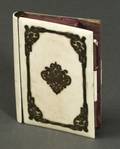 Ivory and Metal Inlaid Aide de Memoire the small book with ivory covers the front inlaid with engraved silvered metal cartouche and b