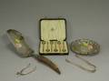 English Cased Set of Sterling Silver Demitasse Spoons Two Sugar Tongs a Dutch Silver Dish and an AntlerHandled Plated Crumber