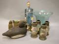Two Duck Decoys Aqua Glass Vessel Four Tin and Glass Lanterns and an Articulated Wood Figure