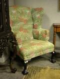 Chippendalestyle Upholstered Carved Mahogany Wing Chair