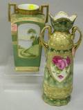 Two Nippon Gilt Handpainted Swan and Landscape Decorated Porcelain Vases