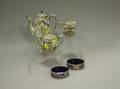 Threepiece Lenox Silver Overlaid Porcelain Demitasse Set and Pair of Silver Overlaid Cobalt Glass Salts