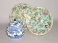 Pair of Chinese Export Porcelain Celadon Glazed Enamel Decorated Plates and an Asian Blue and White Decorated Porcelain Jar