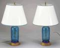 Near Pair of Blue Glass Seltzer Bottle Lamps
