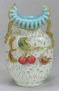 Enameled Cased Glass Vase Applied Fruit and Flowers