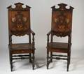 Pair of Northern Italian Ivory Inlaid Walnut and Fruitwood Hall Armchairs