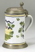 German Faience Pewter Mounted Tankard