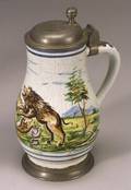 German Faience Pewter Mounted Baluster Form Tankard