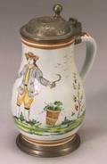 German Faience Pewter Mounted Baluster Form Tankard