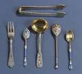 Group of Fifteen Russian Silver Enamel Flatware Items