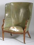 Georgian Green Leather Upholstered Mahogany Wing Chair