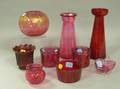Nine Cranberry Art Glass Table Items