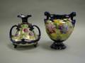 Two Nippon Handpainted Gilt Floral and Cobalt Porcelain Mantel Vases