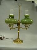 Brass Double Student Lamp with a Pair of Olive Green Cased Glass Shades
