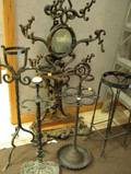 Victorian Cast Iron Hall Tree Umbrella Stand and Wrought Iron Plant and Cane Stands and an Ice Cream Parlor Stool