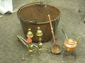 Wrought Iron Mounted Copper Open Kettle Hot Water Kettle on Stand a Ladle a Pair of Brass Andirons and an Iron Fork