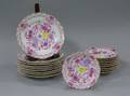 Set of Eighteen Meissen Magenta Floral Decorated Porcelain Plates Saucers and a Bowl