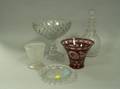 Clear Blown Decanter a Pattern Glass Compote Dish and Spooner and a Bohemian Etched Ruby Glass Vase