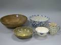Four Pieces of Spongeware and a Wooden Bowl