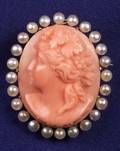 Victorian Coral Cameo and Seed Pearl Brooch