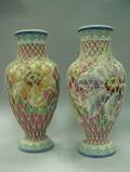Pair of Large Moriageware Handpainted Floral Decorated Baluster Vases