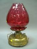 Large Cranberry Thumbprint Glass Shade on a Brass Kerosene Table Lamp