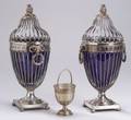 Pair of Sheffield Silver and Cobalt GlassLined Covered Urns and a German Silver Plated Glass Lined Sugar Basket