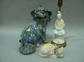 Blanc de Chine Deity Lamp Base an Asian Painted Porcelain Sleeping Cat and a Glazed Ceramic Foo Dog