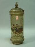 Bohemian Enameled Tavern Scene Decorated Amber Glass Covered Jar