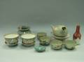 Korean Glazed Ceramic Water Dropper Footed Compote and Nine Pieces of Asian Ceramics