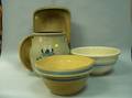Cobalt Floral Decorated Stoneware Crock Two Ceramic Mixing Bowls and Two Wooden Bowls