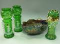 Pair of Mary Gregory Green Glass Vases a Carnival Glass Fruit Bowl and an Enameled Green Glass Vase