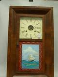 Ansonia Mahogany Veneer Ogee and Marine ReversePainted Mantel Clock