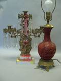 Brass Mounted Cinnabar Table Lamp and a Gilt Brass Girandole Candelabra with Marble Base