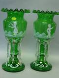 Pair of Bohemian Mary Gregory Style White Enamel Decorated Green Glass Lustres