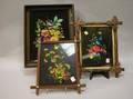 Three Walnut Framed Floral Tinsel Pictures