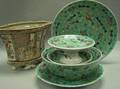 Set of Five Chinese Export Style Green Glazed Porcelain Compotes Chargers and Bowl with a Chinese Export Porcelain Jardiniere on Stan