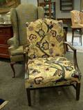 Queen Anne Style Mahogany Upholstered Wing Chair and a Federalstyle Crewelwork Upholstered Mahogany Library Chair