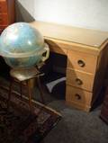 Moderne Cypress Flattop Double Pedestal Desk and a 1963 National Geographic Society Illuminated World Globe on Stand