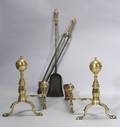 Brass and Iron Balltop Andirons with Matching Tools