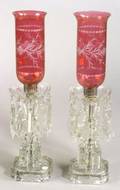 Pair of Molded Colorless Glass Mantel Lustres with Cranberry Flashed Hurricanes