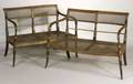 Pair of Regency Gilt Decorated Black Painted and Caned Settees